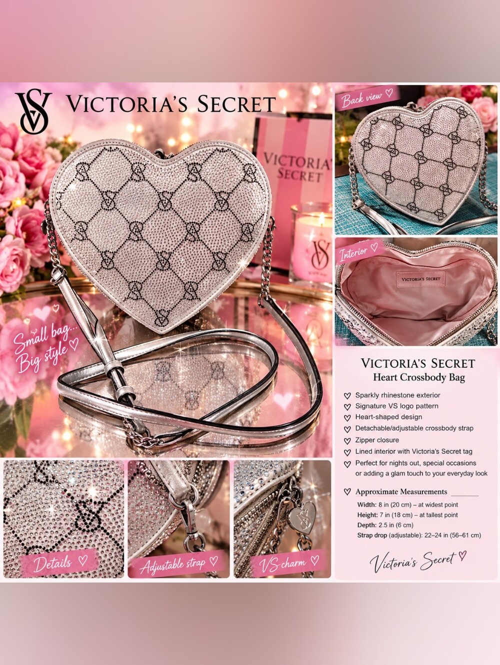 Victoria's Secret Silver Heart Crossbody Bag "New Without Tags"